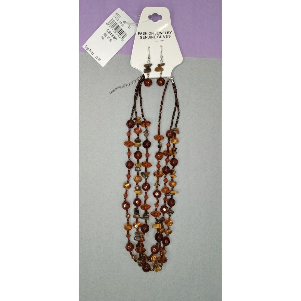 Fashion Jewelry Glass Beaded Necklace Earrings Set Multi Strand 20" Gift Women 3